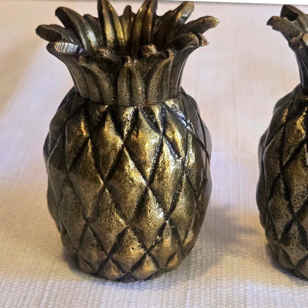 Vintage Brass Style Pineapple Salt and Pepper Shakers Set Tropical Coastal Decor